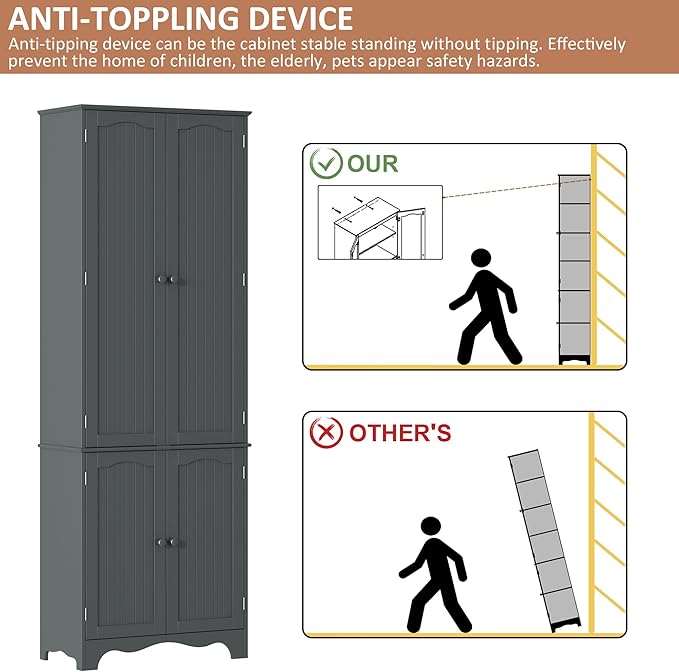 Yusong 72'' Tall Kitchen Pantry Cabinet, Freestanding Storage Cabinet with Doors and Shelves, Wooden Food Pantry Farmhouse Cupboard Buffet for Kitchen Dining Living Room, Gray