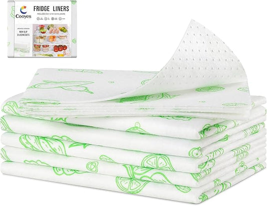 Cooyes Refrigerator Liners, Premium Absorbent Fridge Mats Non-Slip Washable, 12" x 24" Refrigerator Shelf Liners and Mats for Glass Shelves & Kitchen Cabinets, Non-Adhesive(6 PCS Green Veggie)