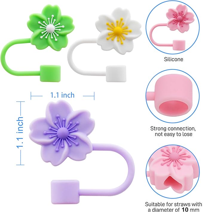 Flower Silicone Straw Cover Cap for Stanley Cup, 10 mm 0.4 in Reusable Topper Tips Lids, Gift for Party Decor