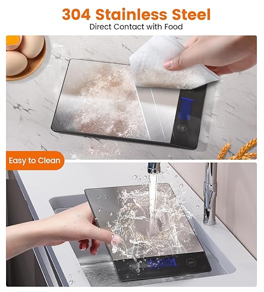 AZC 250mAh Rechargeable Food Scale，0.1oz-33lb， 304 Stainless Steel Waterproof Kitchen Scale，Batteries and Type-C Charging Food Scales for Kitchen，Inclined LCD Display