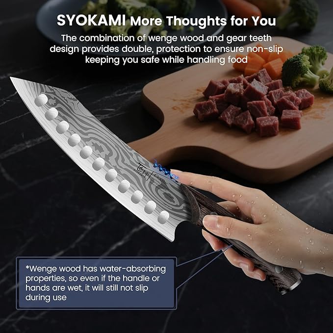 Japanese Kitchen Knife, 8.2 Inch Chef Knife, Carbon Steel Kiritsuke, Razor Sharp Santoku for Precision Cutting, Damascus Pattern, Full Tang Wood Handle,Thanksgiving Christmas Cooking Gifts