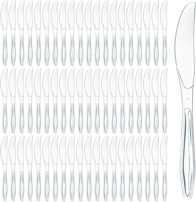 Prestee 100 Pack Plastic Silverware Knives - Heavy Duty, Clear Plastic Knives for Parties, Catering, and Events - Durable and Elegant Disposable Knife Utensils for Weddings, Dinners, and Celebrations