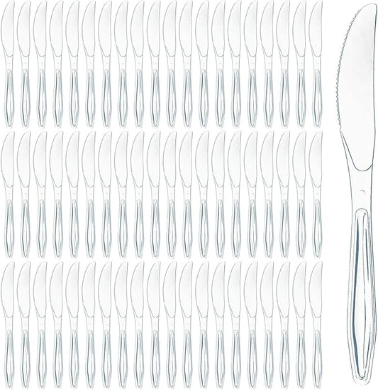 Prestee 100 Pack Plastic Silverware Knives - Heavy Duty, Clear Plastic Knives for Parties, Catering, and Events - Durable and Elegant Disposable Knife Utensils for Weddings, Dinners, and Celebrations