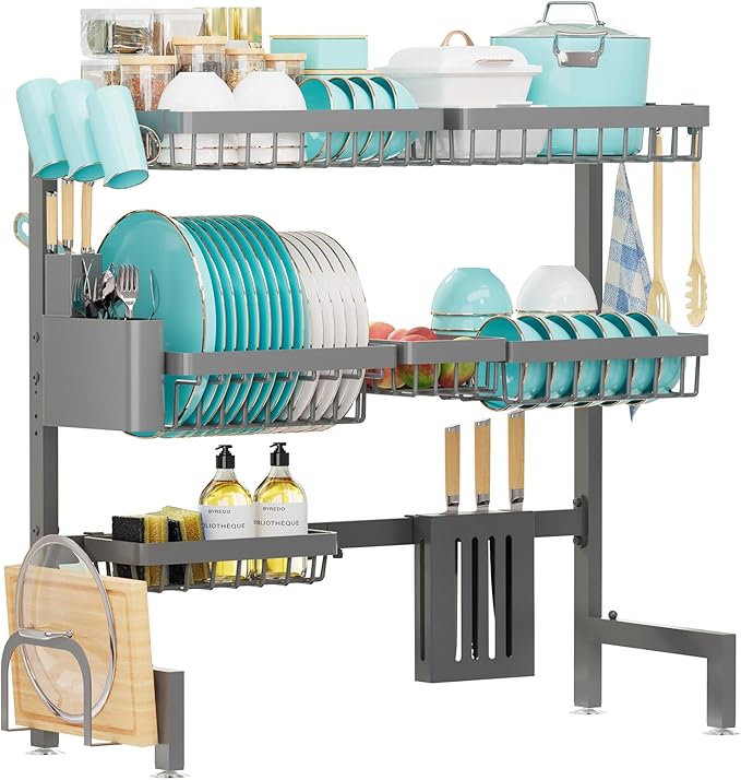 Over The Sink Dish Drying Rack - Adjustable 3 Tier XX-Large Capacity Stainless Steel Drainer with Cutlery & Utensil Holders, Kitchen Storage & Organization, 31.5"-39.5"L x 12"W x 30.5"H, Gray