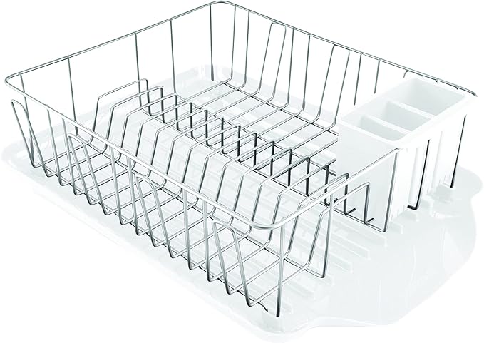 Farberware Classic Large Rust Resistant Full Dishrack with Removable 3 Compartment Flatware Caddy, Andlged Drain Board, 3-Piece, White