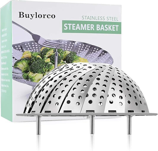 Buylorco Stainless Steel Folding Vegetable Steamer Insert for Veggie & Seafood Cooking (fits pots 5" to 9")