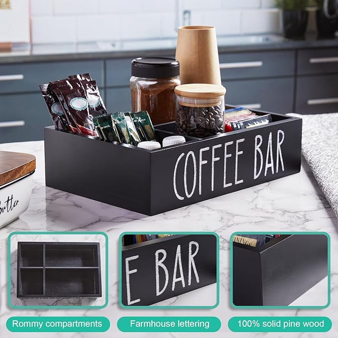 ALEION Coffee Station Organizer - Wood Countertop Accessories Organizer with Removable Dividers for Pods Condiment Syrup Tea Cups Stirrers - for Farmhouse Coffee Bar Decor
