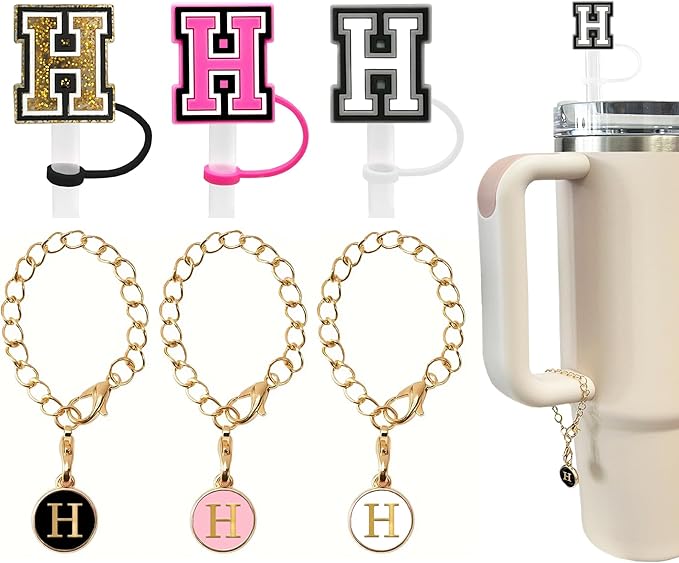 （3 +3) 3PCS Nuozme Straw Cover 10mm For Stanley Tumbler Cup Reusable Straw Cap Topper with 3 Initial Letter Charms Accessories Name ID Personalized Handle Charm For Stanley 30&40 Oz Cup Tumbler