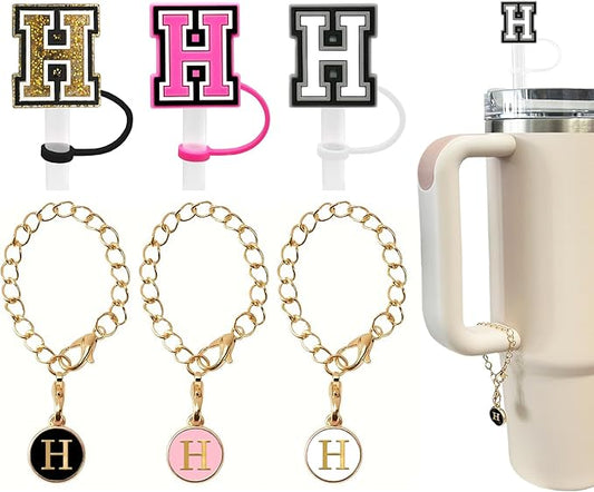 （3 +3) 3PCS Nuozme Straw Cover 10mm For Stanley Tumbler Cup Reusable Straw Cap Topper with 3 Initial Letter Charms Accessories Name ID Personalized Handle Charm For Stanley 30&40 Oz Cup Tumbler