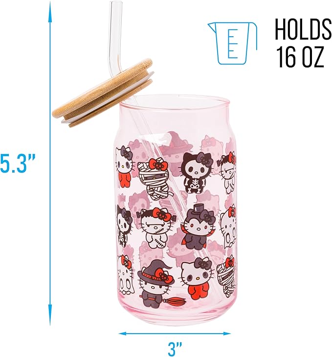 Silver Buffalo Sanrio Hello Kitty and Friends Halloween Spooky Costumes Ghost Witch Vampire Zombie Frankenstein Skeleton Pink Glass Jar Tumbler with Bamboo Lid and Glass Straw, 16 Ounces (Pack of 12)