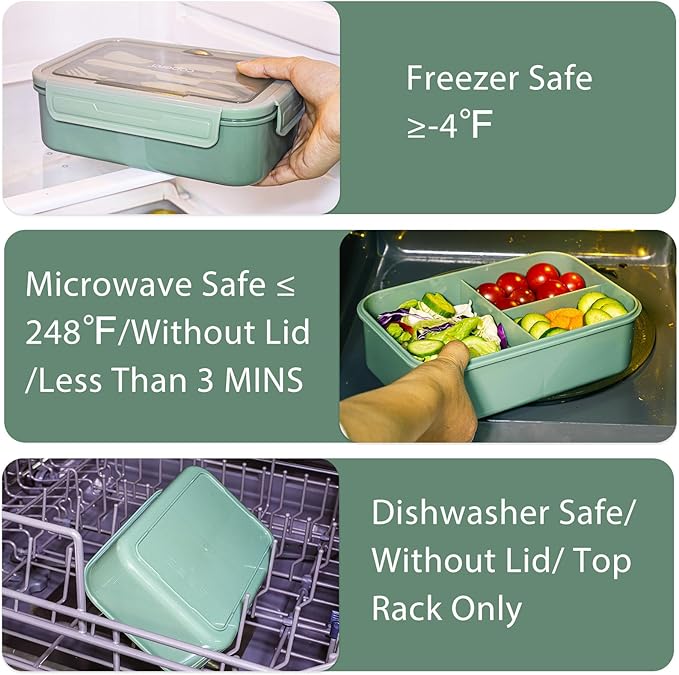 Caperci Classic Bento Box Adult Lunch Box for Older Kids - Leakpoof 47 oz 3-Compartment Lunch Containers for Adults and Teens, Built-in Utensil Set, Ideal for On-the-Go Balanced Eating,Khaki Green