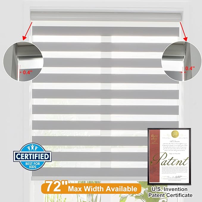 Persilux Cordless Zebra Blinds for Windows Free-Stop Roller Window Shades (47" W X 64" H, Grey) Dual Layer Light Control for Day and Night, Light Filtering Sheer Shades for Home, Easy to Install