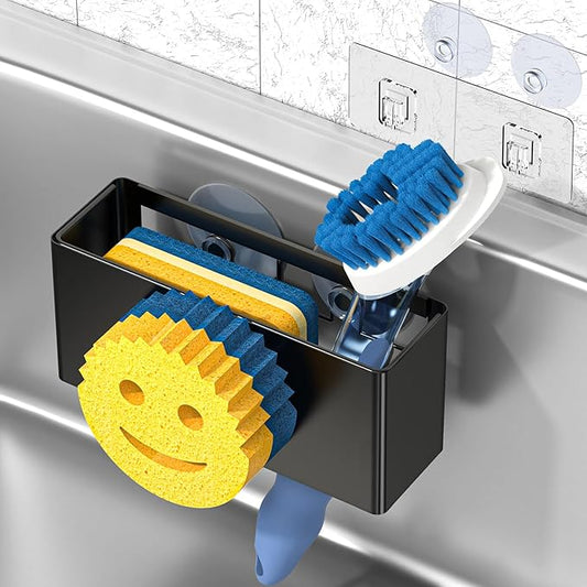 Sponge Holder for Kitchen Sink,Smiley Face Sink Caddy,Sponge Holder Stainless Steel with Suction Cups & 1 PCS Adhesive Strips for Holding Soap,Brush,Scrubber,Sponge-Black