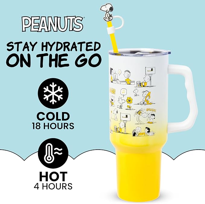 Silver Buffalo Peanuts Iconic Scenes Featuring Charlie Brown, Snoopy, Woodstock, Lucy, Sally, Linus & More Stainless Steel Tumbler w Handle, Straw, & Straw Cap, Fits in Standard Cup Holder, 40 Ounces