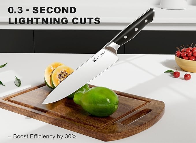 Livtek Knife Set with Block - Kitchen Knife Set German High-Carbon Stainless Steel with Built-in Sharpener - Full Tang, Triple-Rivet Ergonomic Handle - Holiday Gift Idea - 15-Piece, Falcon Series.