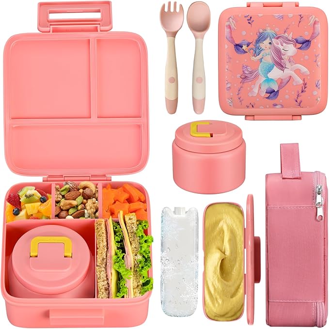 Bento Lunch Box for Kids With 8oz Soup Thermo,Leak-proof Lunch Containers with 5 Compartment,Thermo Food Jar and Lunch Bag, Food Containers for School (A-Pink（Unicorn - Mermaid）)