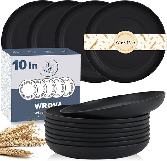 Wrova Wheat Straw Plates - 10 Inch Unbreakable Dinner Plates Set of 8 - Dishwasher & Microwave Safe Plastic Plates Reusable - Lightweight Plate for kitchen,camping (Pure Black)