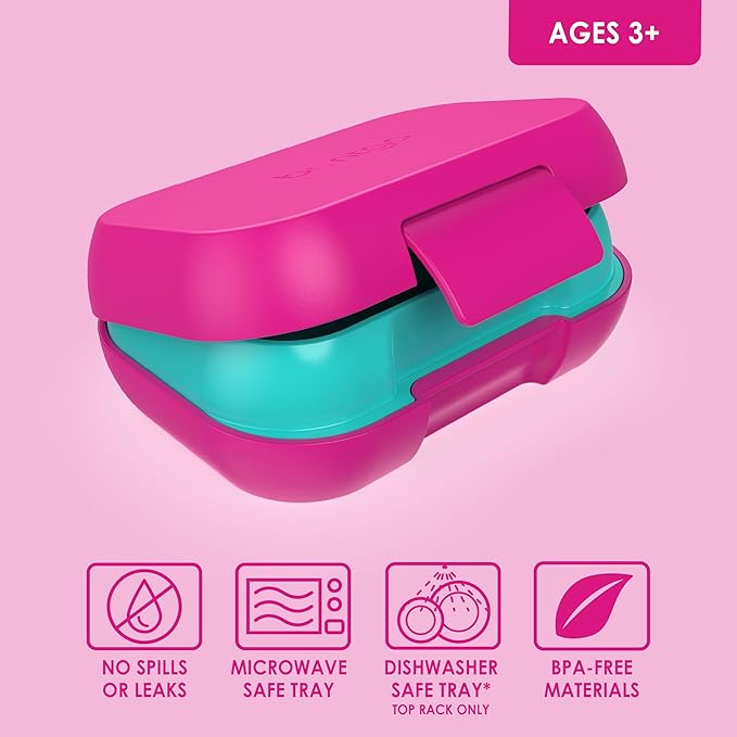 Bentgo Kids Snack - 2 Compartment Leak-Proof Bento Box Container for Snacks and Small Meals, Easy-Open Latch, Dishwasher Safe, BPA-Free for School, Daycare, & Sports - Ideal for Ages 3+ (Fuchsia/Teal)
