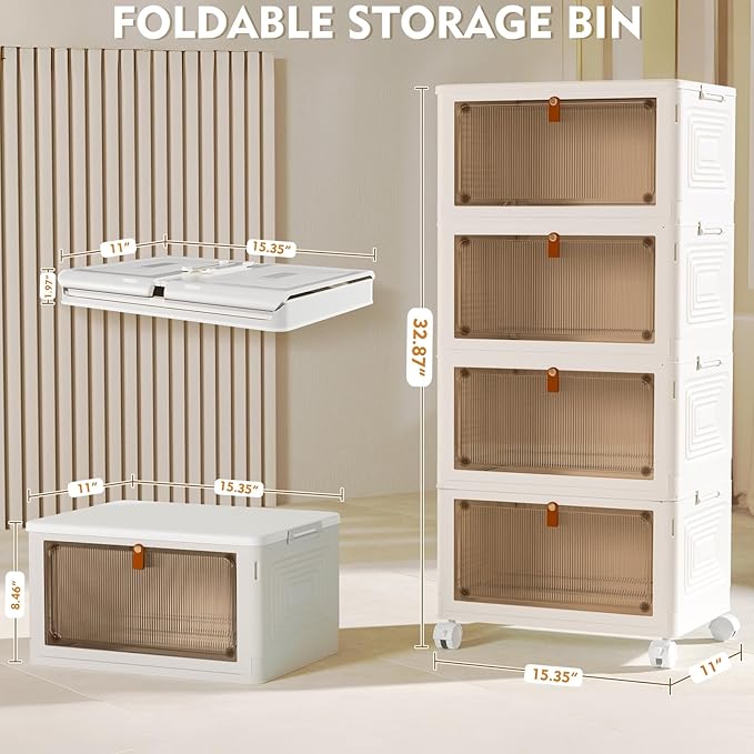 4 Tier Plastic Storage Bins with Lid 23QT, Stackable Storage Containers with Wheels, Folding Storage Boxes, Collapsible Storage Bins, Closet Organizers and Storage for Living Room,Office,Dorm