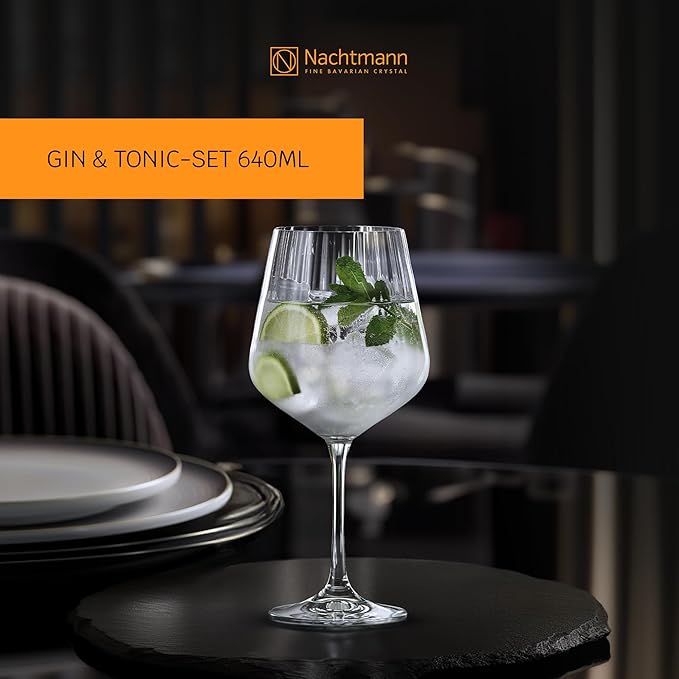 Nachtmann Celebration Gin & Tonic Glasses – Set of 4 Lead-Free 22.5 oz Large Crystal Goblets with Vertical Contour Detailing, Refined Stemware for Cocktails, Entertaining, Parties, Home Bars