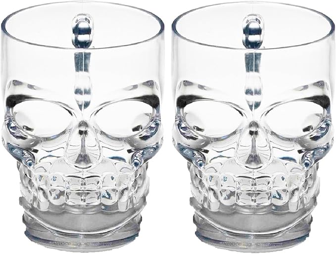 Circleware Skull Face Beer Mug Drinking Glasses with Handle, Set of 2, Heavy Base Funny Entertainment Glassware for Water, Juice and Halloween Decorations Beverage Gifts, 17.6 oz.