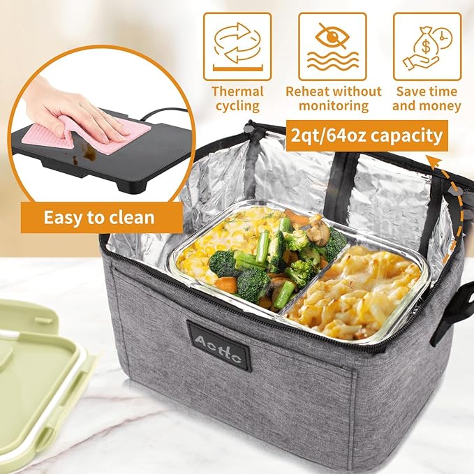 Aotto Portable Oven Electric Lunch Box Food Heater - 12V/24V 2-in-1 Car Food Warmer, Heated Lunch Box for Adults, Cook, Reheat, and Keep Meals Warm for Car, Truck, Travel - Grey