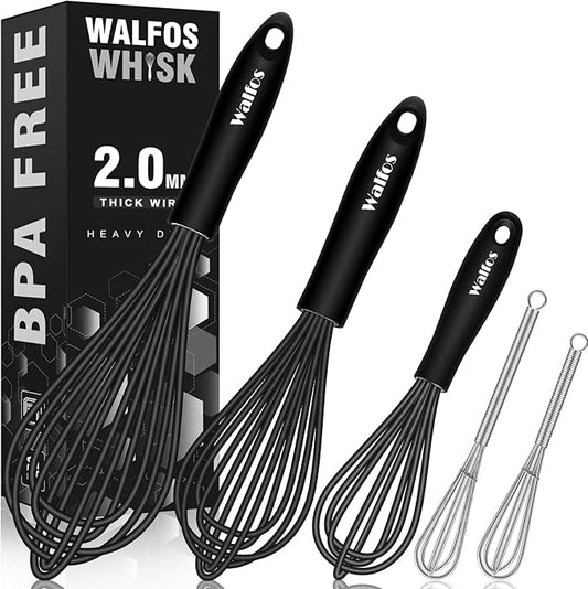 Silicone Whisks set with 7+5in mini stainless steel whisk, Non Scratch Coated 7+9+11in Whisks for Nonstick Cookware,Premium for Blending, Whisking, Beating, Frothing & Stirring