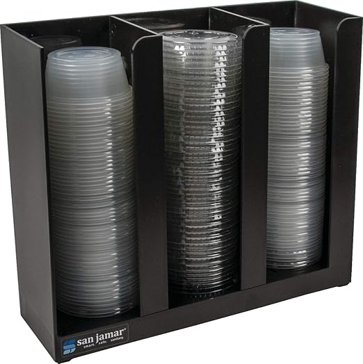 San Jamar Portion Cup and Lid Organizer Fits 2-3" Cups and Lids with Removable Dividers for Kitchen, Restaurant, and Fast Food, Plastic, 10 x 11.5 x 3.75 Inches, Black