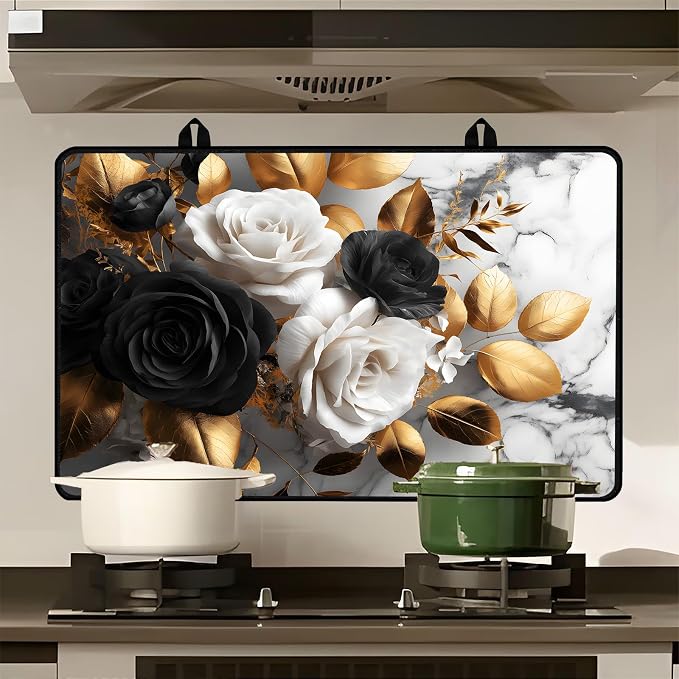 Black White Rose Stove Top Cover 28.3 x 20.5 Inches, Heat Resistant Glass Stove - Image 8