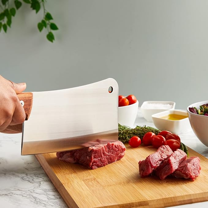 Juvale Meat Cleaver - 8-Inch Stainless Steel Blade, Wood Handle - Heavy-Duty Butcher Knife & Bone Cleaver for Beef Brisket, Meat Cutting & Chopping - Chopping Knife