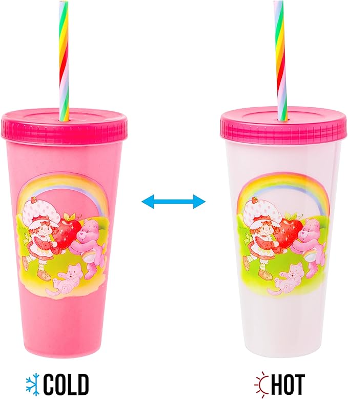 Silver Buffalo Care Bears Strawberry Shortcake Color Change Plastic Tumbler 4 Pack Featuring Orange Blossom Lemon Meringue Cheer Funshine Friend Blueberry Muffin Grumpy, 24 Ounces