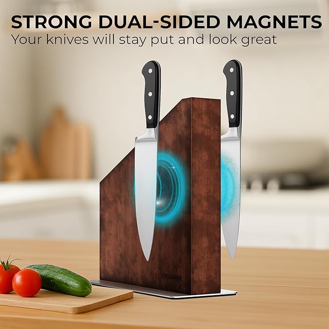 Magnetic Knife Block Without Knives, Double-Sided Wooden Knife Block Stand with Strong Magnets & Anti-Slip Base, Kitchen Knife Storage Rack, Brown