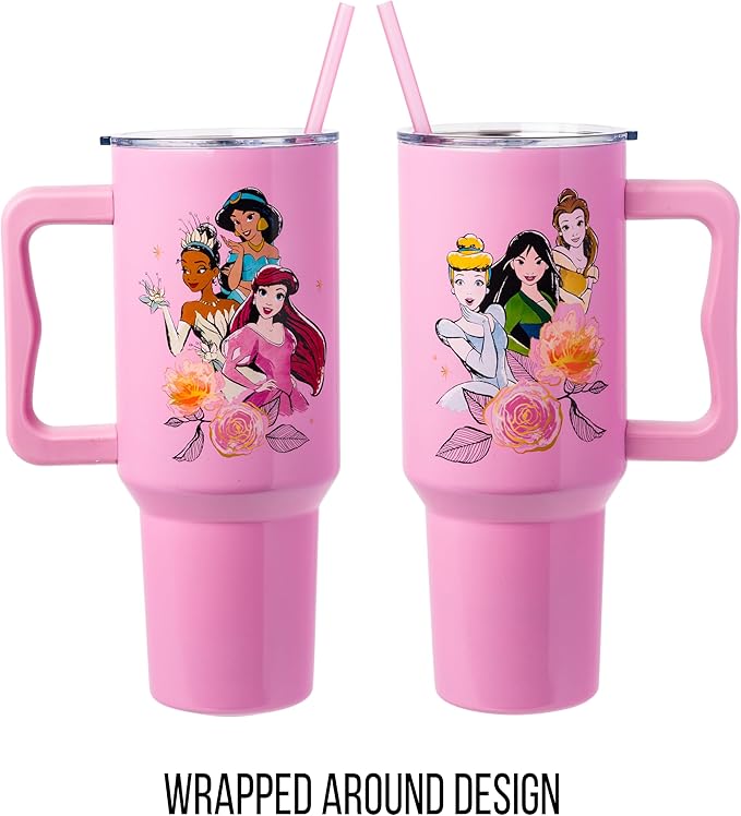 Silver Buffalo Disney Princess Featuring Cinderella, Mulan, Belle, Ariel, Tiana, and Jasmine Stainless Steel Tumbler with Handle and Straw, Fits in Standard Cup Holder, 40 Ounces