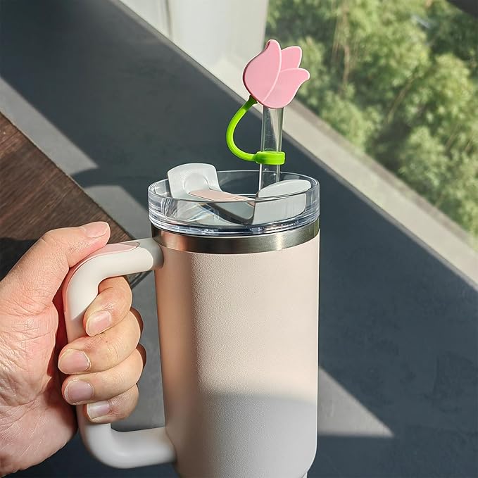 4 Pack Tulip Straw Covers Cap Compatible with Stanley Cup 40 30 oz, Cute Silicone Flowers Straw Topper, Tumbler Accessories, Christmas Gifts for Women