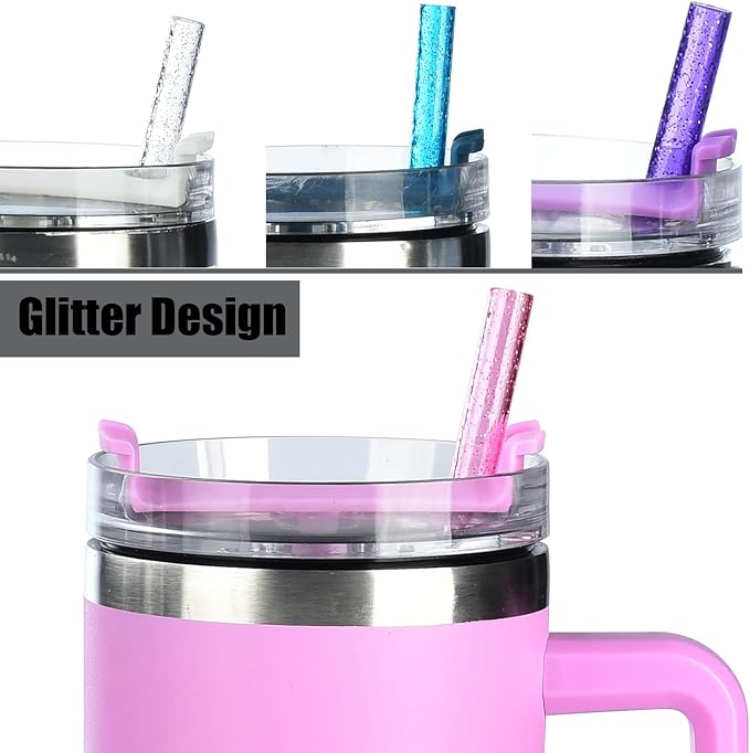 ALINK 10 Pack Pink Replacement Straws for Stanley 40 oz 30 oz Tumbler, 12 in Long Reusable Plastic Glitter Straws for Stanley Cup Accessories, Half Gallon Jug, Plus 2 Cleaning Brush
