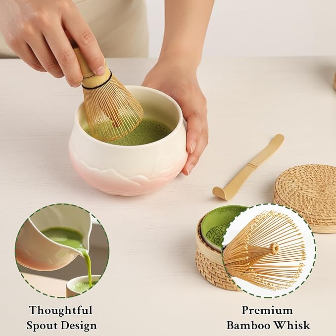 Matcha Whisk Set - Ceramic Matcha Set Includes Matcha Bowl, Whisk and Holder, Bamboo Scoop, Scoop Rest, Sifter and Tea Towel - 7 Pcs Ceremonial Gift Kit for Matcha Lovers (Gradient Pink)