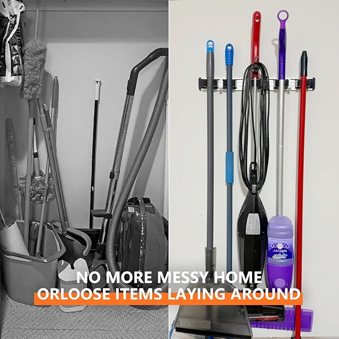 reliahom 2 Pack Broom Holder Wall Mount Mop and Broom Hanger Wall Mounted Garage Storage Rack Kitchen Garden Tool Organizer (5 Racks with 4 Hooks, Black)