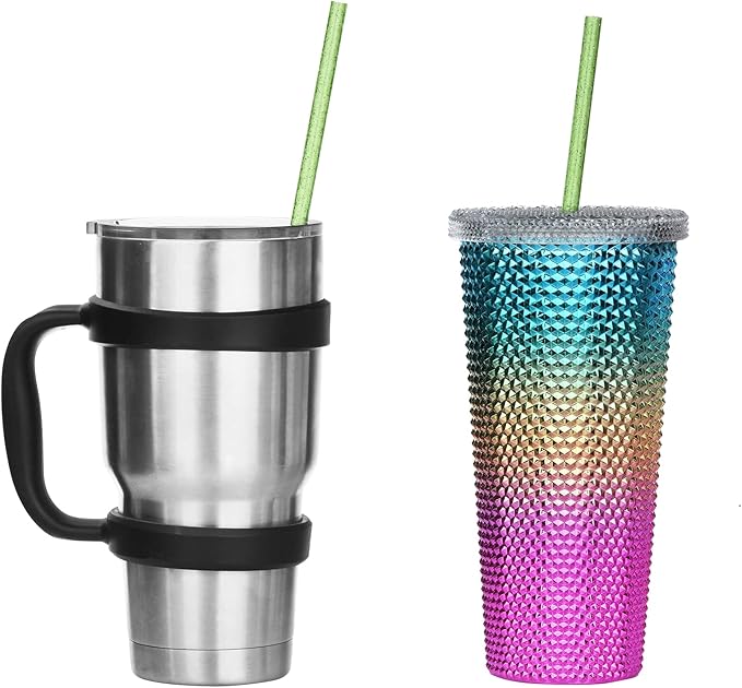 ALINK 12PCS Reusable Clear Green Glitter Straws, 11" Long Hard Plastic Tumbler Drinking Straws with Cleaning Brush