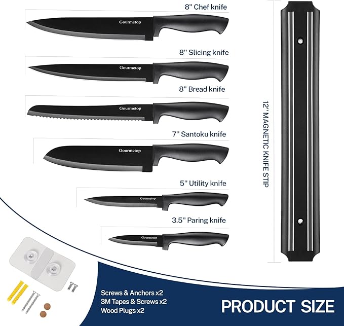 Kitchen Knife Set with No Drilling Magnetic Strip for Kitchen Black Titanium Small Cooking Knives, Sharp Stainless Steel Chef Knife Set for Cutting Meat & Vegetable