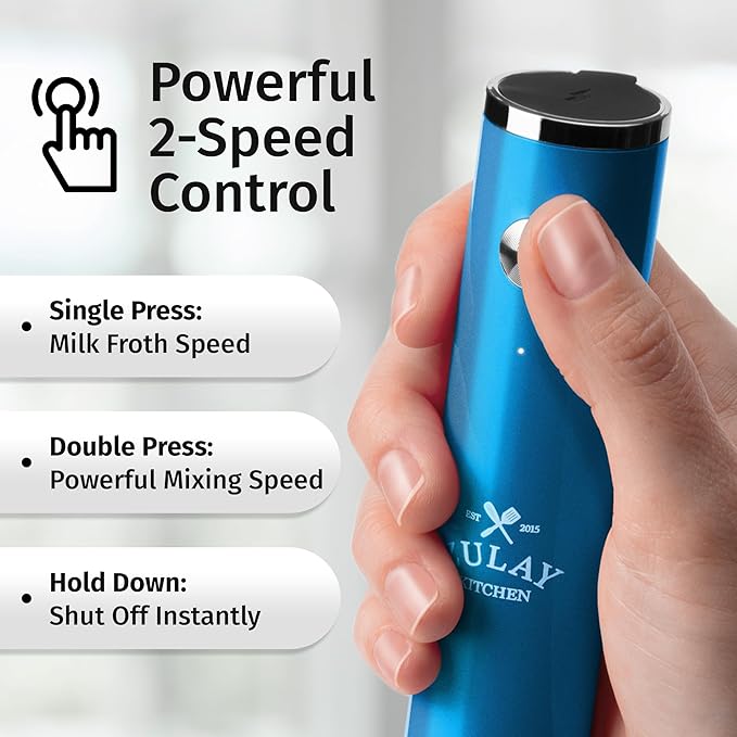 Zulay Kitchen Lux Rechargeable Milk Frother Handheld - Powerful 2-Speed Motor, Fully Waterproof, 2000mAh Battery - Drink Mixer For Latte, Cappuccino, Matcha, Protein Powder - Metallic Blue