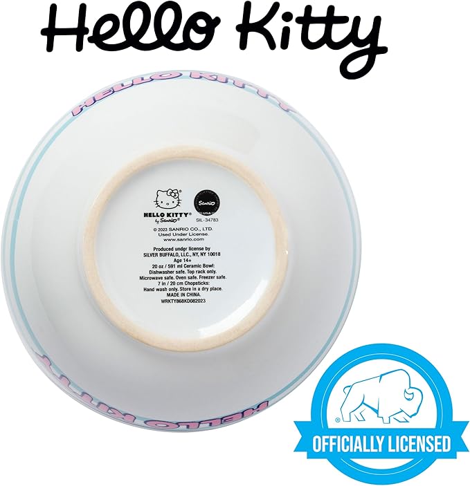 Silver Buffalo Sanrio Hello Kitty Blue and Pink Skies Ceramic Ramen Noodle Rice Bowl with Chopsticks, Microwave Safe, 20 Ounces