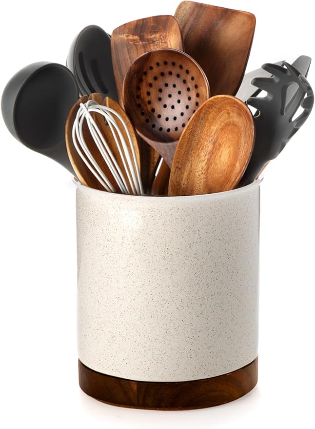 Nucookery 360°Rotating Utensil Holder, 7.2" Large Utensil Crock, Ceramic Cooking Utensil Organizer with Countertop-Protection Cork Bottom for Farmhouse Kitchen Decor Christmas Thanksgiving Gift (Sand)