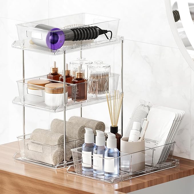 Pull-out Home Organizer, 3 Pack 2 Tier Clear Bathroom Organizer with Dividers, Multipurpose Vanity Counter Tray, Kitchen, Closet Organizers, Cabinet & Storage Container Bins