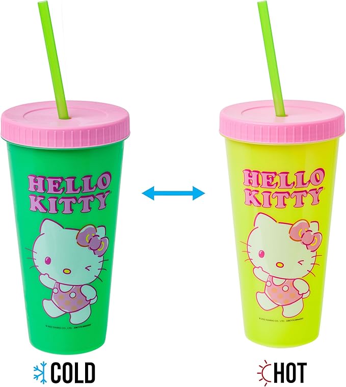 Silver Buffalo Sanrio Hello Kitty Summertime Gardening 4-Pack Color Changing Plastic Tumblers Includes Lid and Straw, 24 Ounces