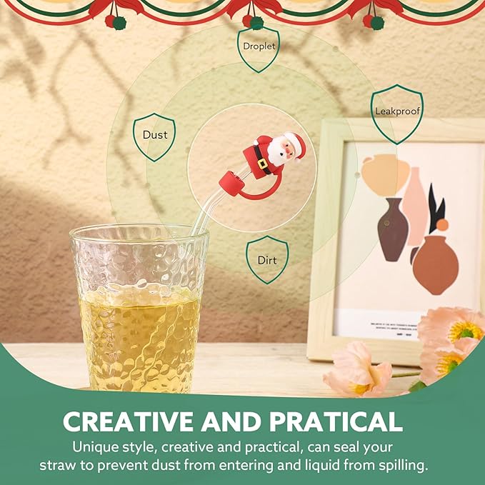 8 PCS Christmas Straw Topper, Straws Cover for Stanley 30&40 Oz Tumbler, Cute Christmas Straws Caps in Various Shapes, Drinking Straw Tip Covers for 0.4 Inch/10 mm Straw