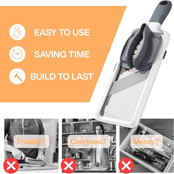 Multi Handheld Mandoline Slicer - Adjustable Stainless Steel Blade, Comfort Grip, Safety Features, Easy to Clean, Ideal for Speedy Slicing of Fruits and Vegetables (Gray)