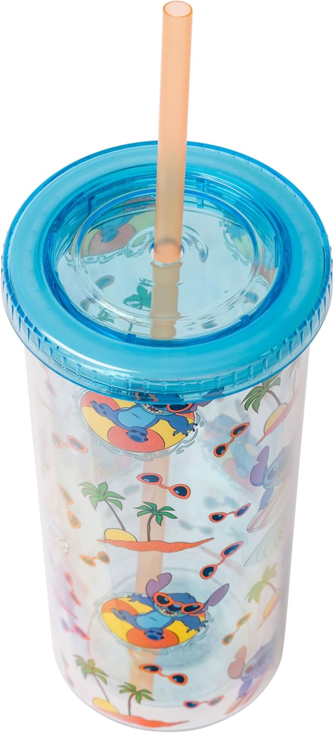 Silver Buffalo Disney Lilo and Stitch Beach Island Stitch in Floatie Swim Ring Plastic Glitter Cold Cup with Lid and Straw, 20 Ounces (Pack of 12)