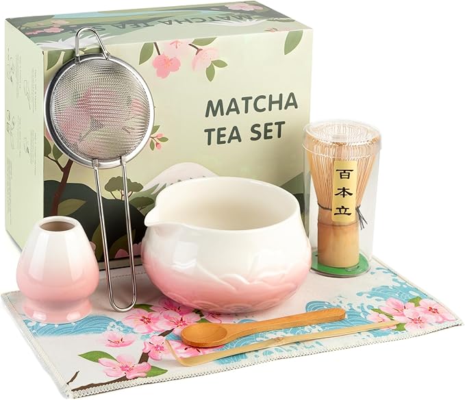 Matcha Whisk Set - Ceramic Matcha Set Includes Matcha Bowl, Whisk and Holder, Bamboo Scoop, Scoop Rest, Sifter and Tea Towel - 7 Pcs Ceremonial Gift Kit for Matcha Lovers (Gradient Pink)