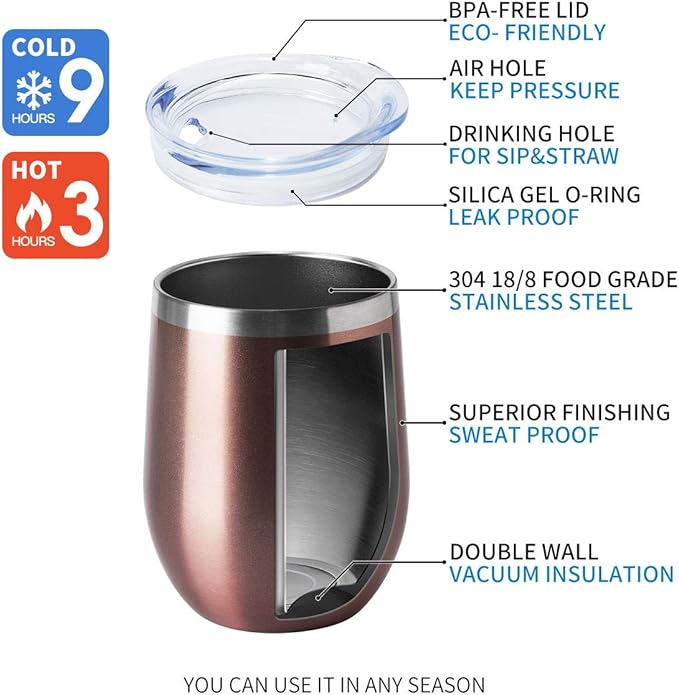 HASLE OUTFITTERS 12oz Wine Tumbler with Lid Stemless Wine Glasses Double Wall Vacuum Travel Mugs stainless steel Coffee Cup for Cold & Hot Drinks Wine Coffee Cocktails Beer 12 Pack Rose Gold