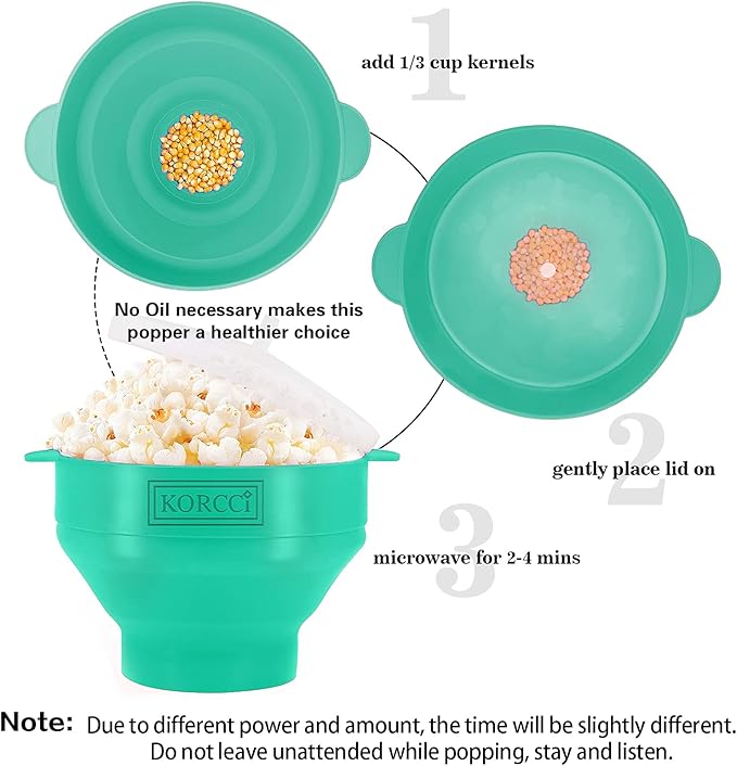 The Original Korcci Microwaveable Silicone Popcorn Popper, Microwave Popcorn Popper, Collapsible Microwave Popcorn Maker Bowl, No Oil Required, Use In Microwave, Dishwasher Safe (Aqua)